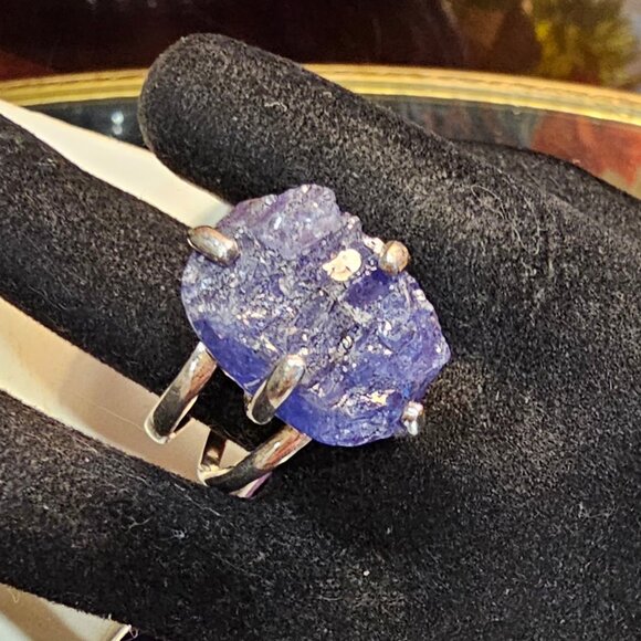 Aryo Raw Rough Purple Tanzanite & 925 Sterling Silver Statement Ring Size 10 - Picture 1 of 11
